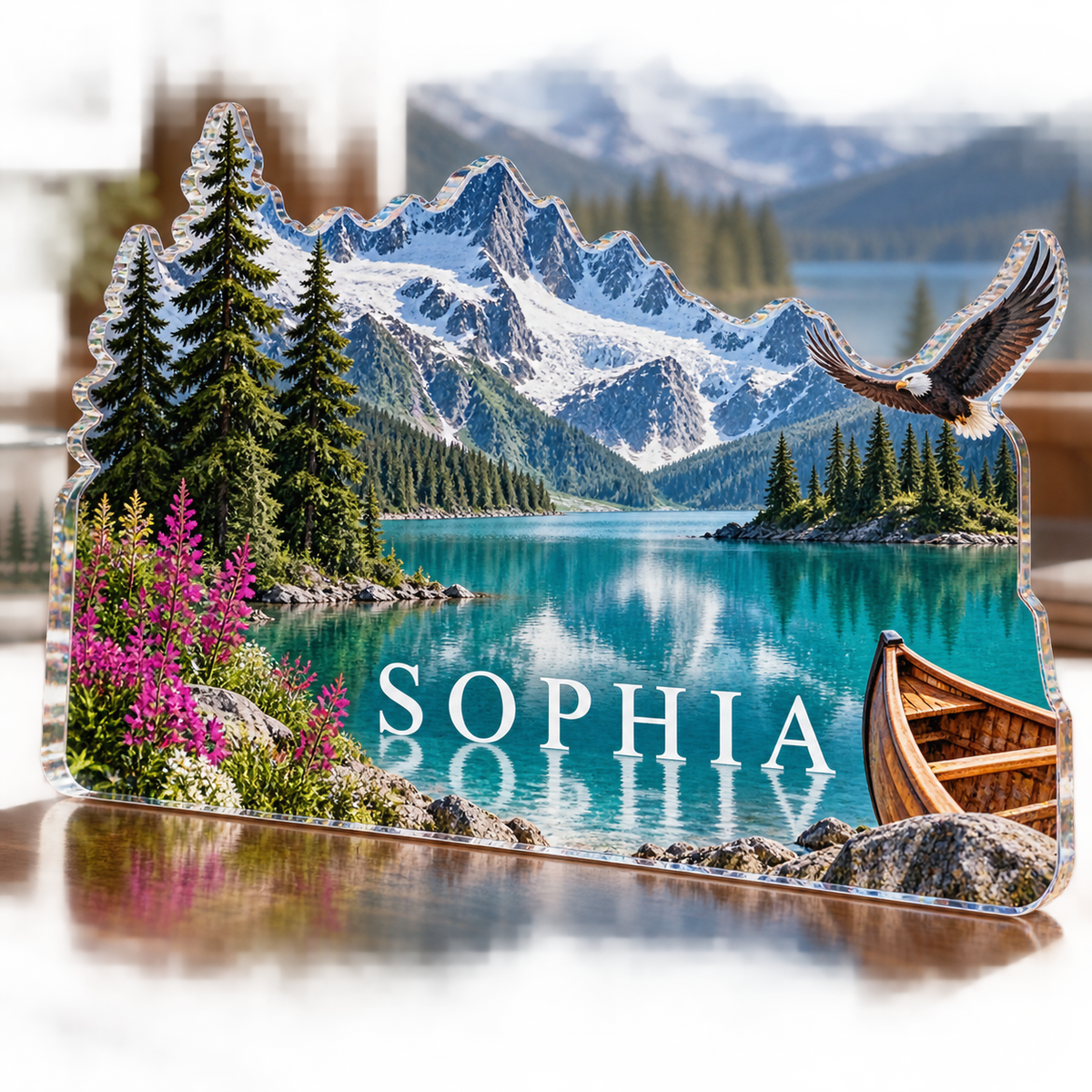 Artwork visualization: Alpine lake — cabin room decor, personalized SOPHIA, subject-shaped acrylic with printed optical 3D depth; not carved relief.