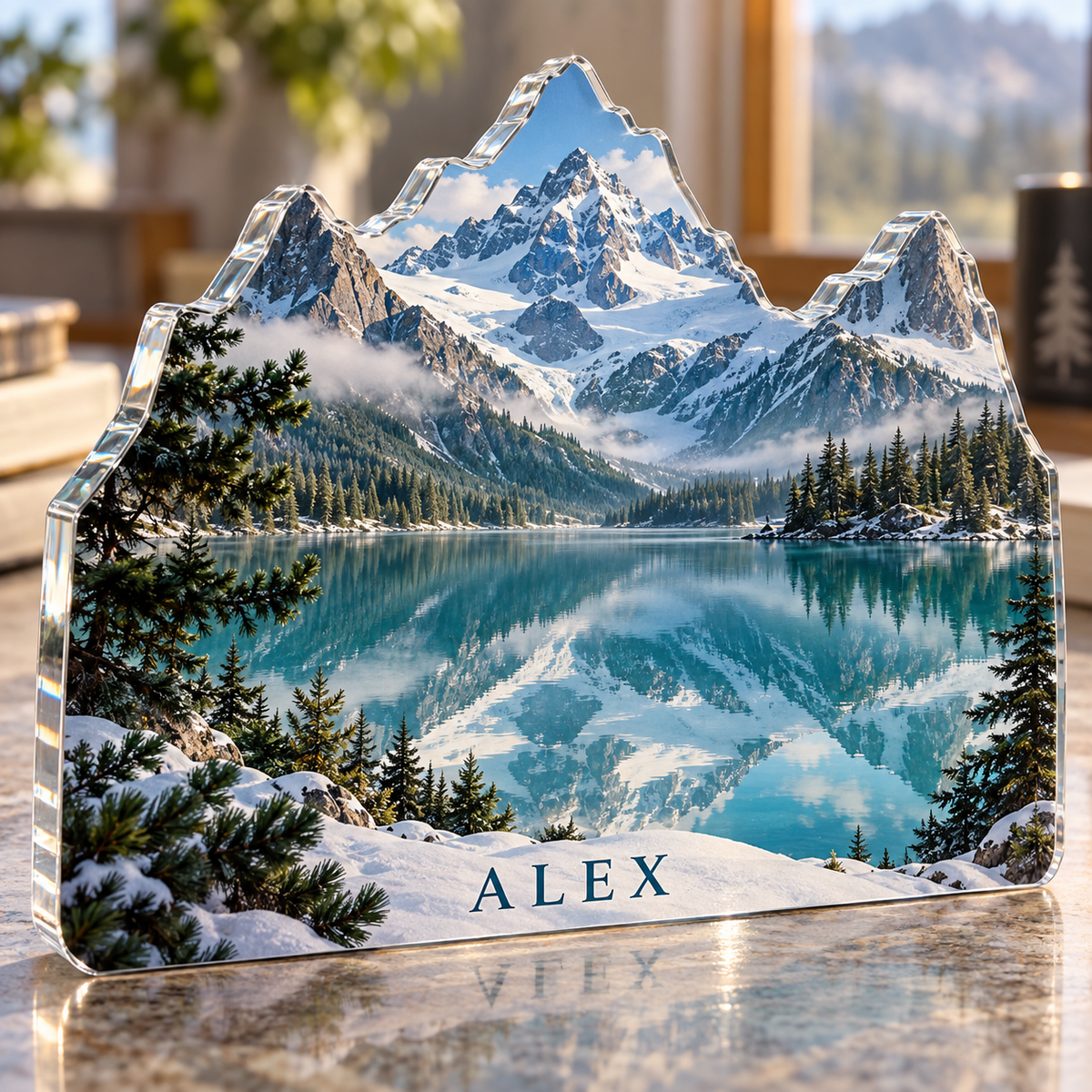 Artwork visualization: Alpine lake — personalized travel gift, personalized ALEX, subject-shaped acrylic with printed optical 3D depth; not carved relief.