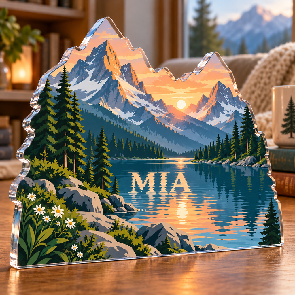 Artwork visualization: Alpine lake — new home place identity, personalized MIA, subject-shaped acrylic with printed optical 3D depth; not carved relief.
