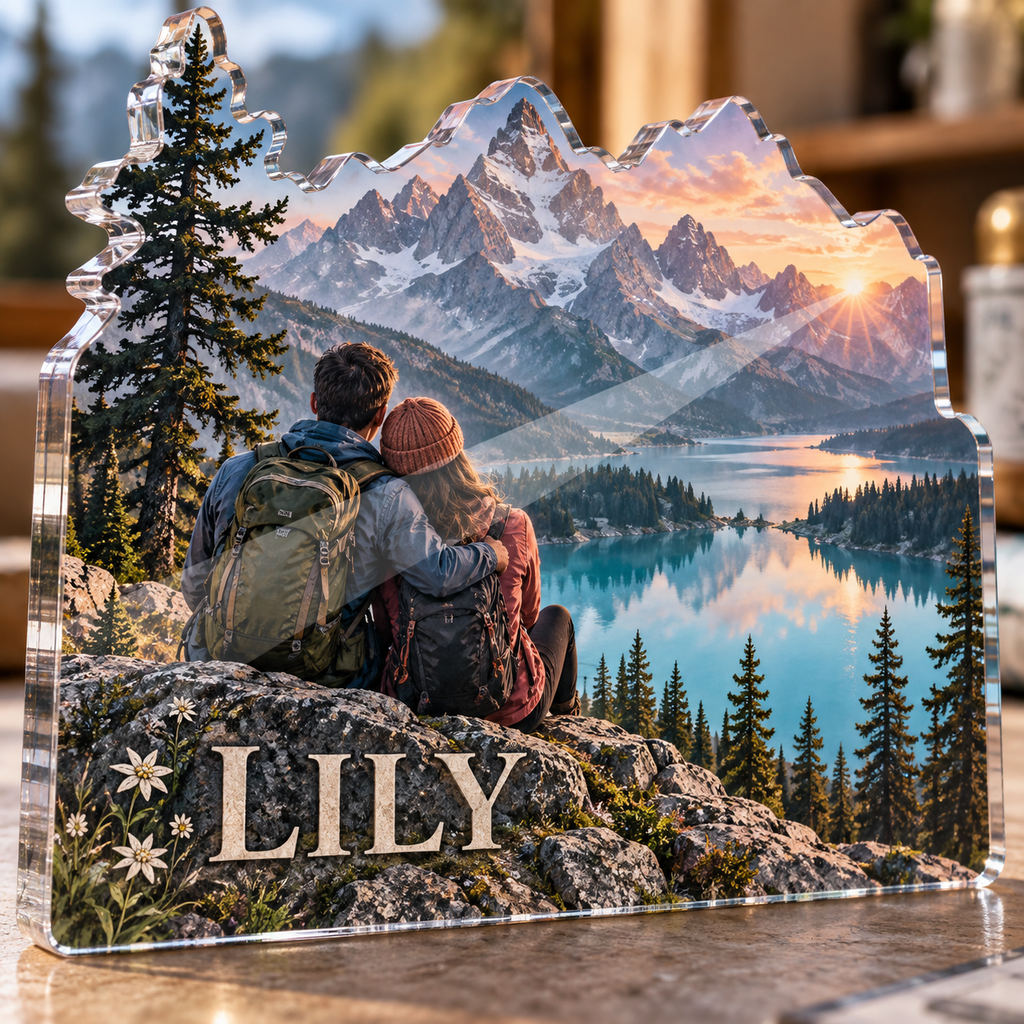 Artwork visualization: Alpine lake — couple anniversary journey, personalized LILY, subject-shaped acrylic with printed optical 3D depth; not carved relief.