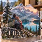 Artwork visualization: Alpine lake — couple anniversary journey, personalized LILY, subject-shaped acrylic with printed optical 3D depth; not carved relief.