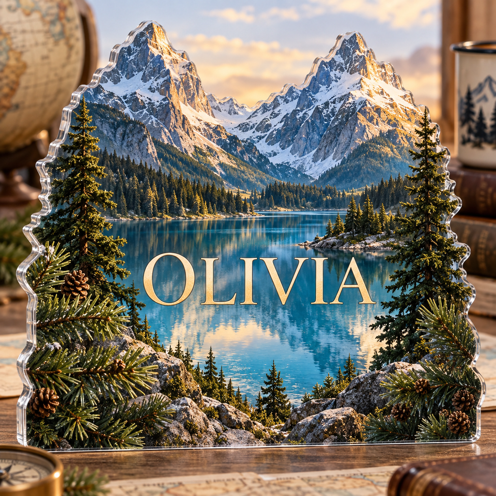 Artwork visualization: Alpine lake — travel journal cover, personalized OLIVIA, subject-shaped acrylic with printed optical 3D depth; not carved relief.