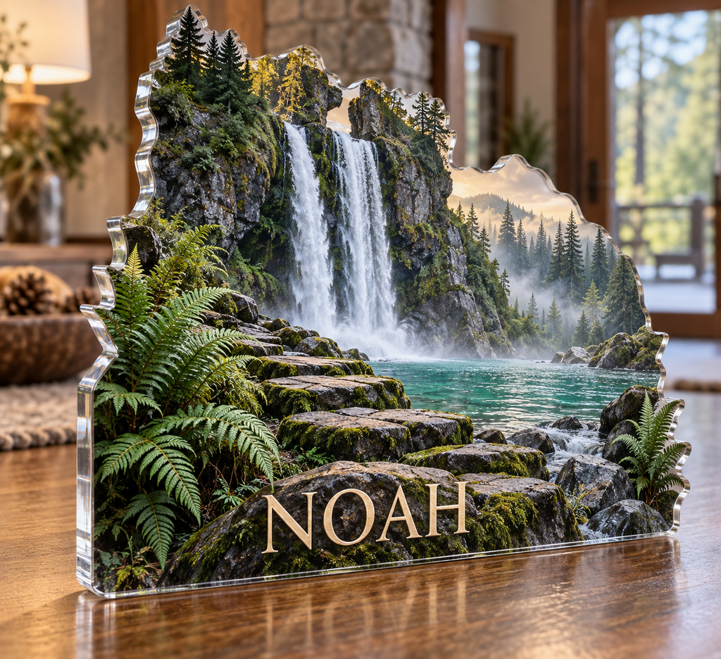 Artwork visualization: Waterfall trail — home landscape memory, personalized NOAH, subject-shaped acrylic with printed optical 3D depth; not carved relief.