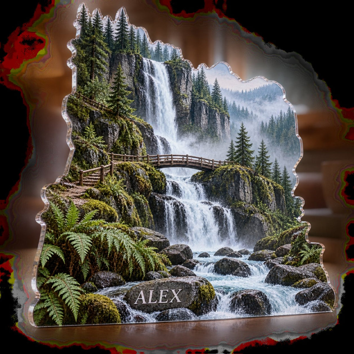 Personalized Waterfall Trail Cabin Room Decor custom shape acrylic plaque with an example name set into the artwork, digital preview