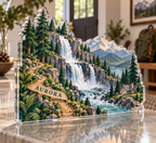 Artwork visualization: Waterfall trail — new home place identity, personalized AURORA, subject-shaped acrylic with printed optical 3D depth; not carved relief.