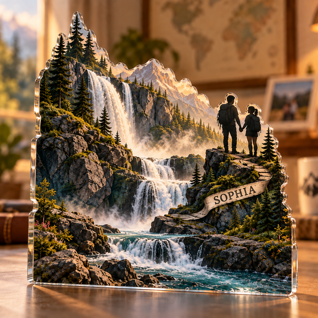 Artwork visualization: Waterfall trail — couple anniversary journey, personalized SOPHIA, subject-shaped acrylic with printed optical 3D depth; not carved relief.