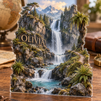 Artwork visualization: Waterfall trail — travel journal cover, personalized OLIVIA, subject-shaped acrylic with printed optical 3D depth; not carved relief.