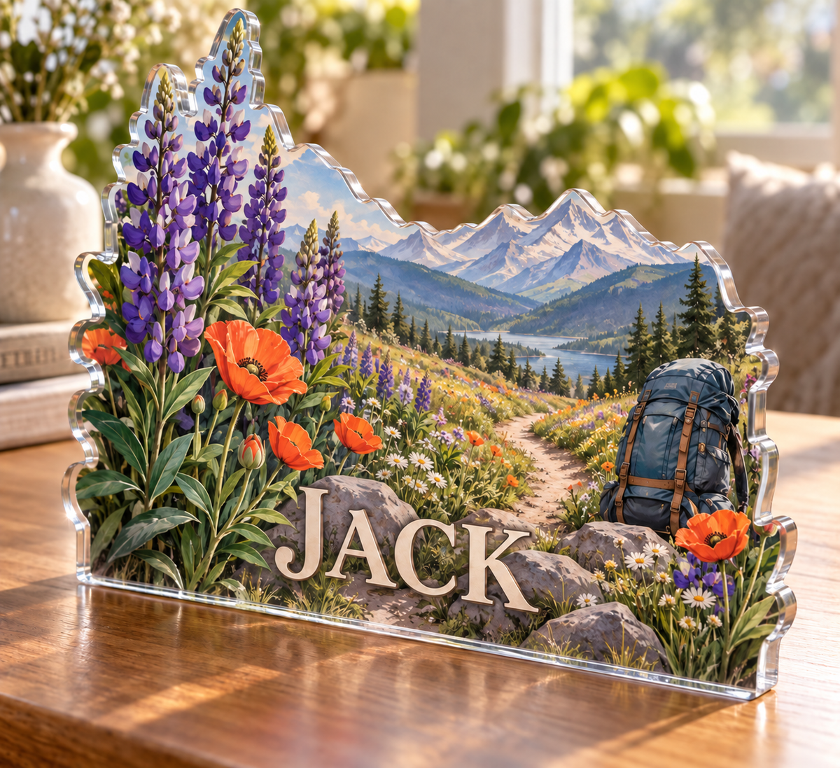 Artwork visualization: Wildflower trail — home landscape memory, personalized JACK, subject-shaped acrylic with printed optical 3D depth; not carved relief.