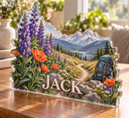 Artwork visualization: Wildflower trail — home landscape memory, personalized JACK, subject-shaped acrylic with printed optical 3D depth; not carved relief.