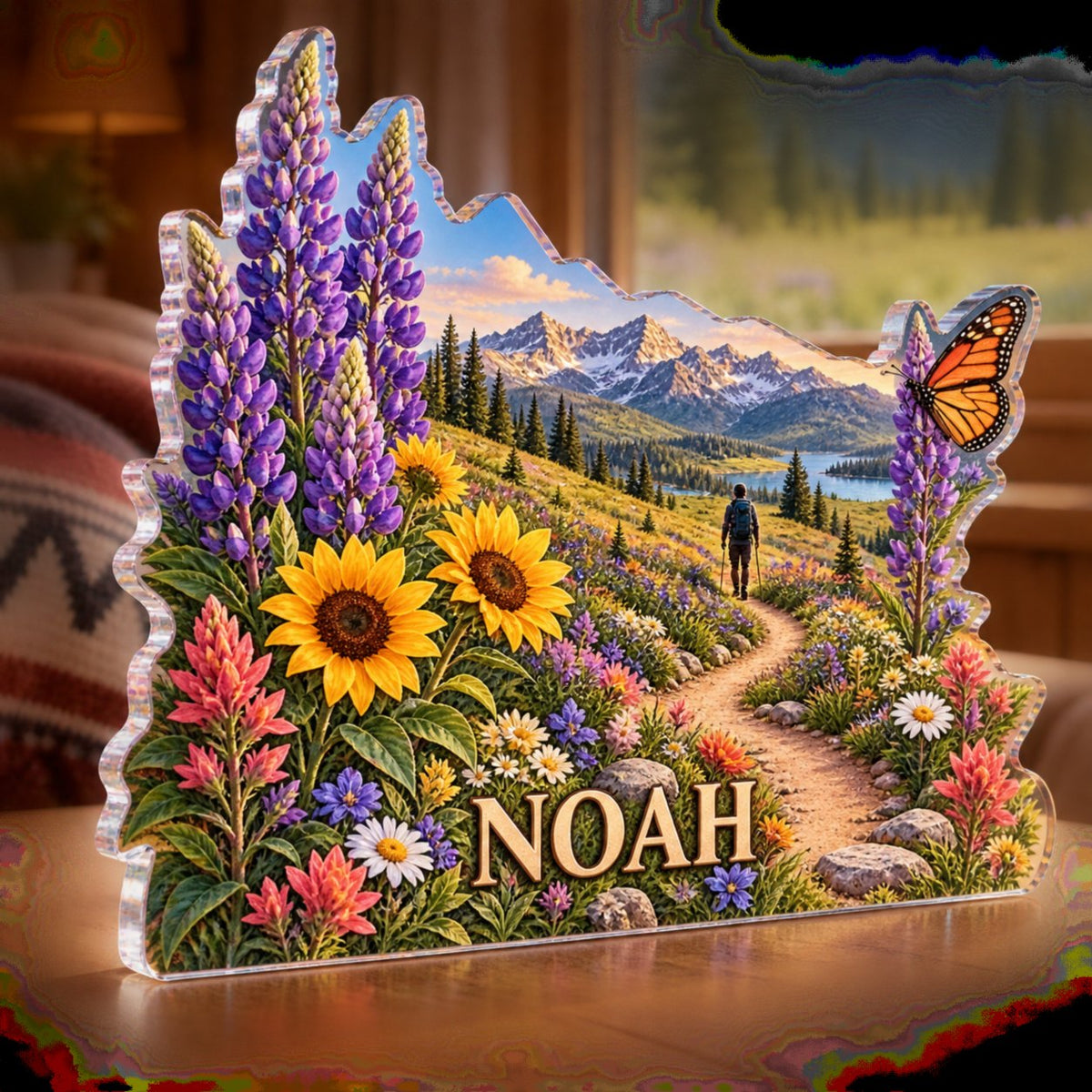Personalized Wildflower Trail Cabin Room Decor custom shape acrylic plaque with an example name set into the artwork, digital preview