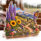 Artwork visualization: Wildflower trail — cabin room decor, personalized NOAH, subject-shaped acrylic with printed optical 3D depth; not carved relief.