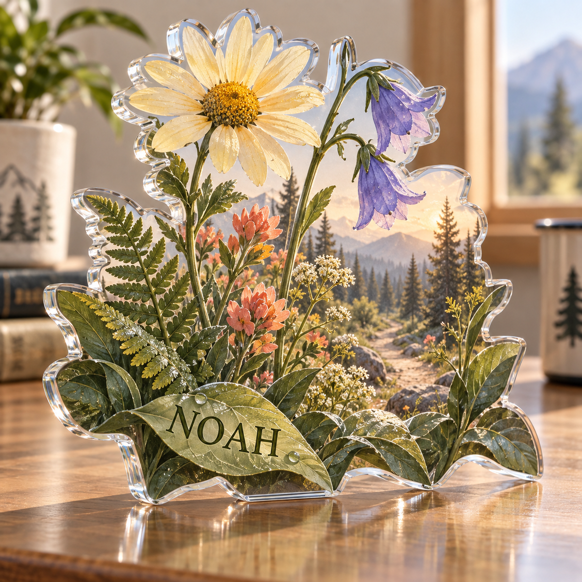 Artwork visualization: Wildflower trail — personalized travel gift, personalized NOAH, subject-shaped acrylic with printed optical 3D depth; not carved relief.