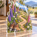 Artwork visualization: Wildflower trail — new home place identity, personalized ALEX, subject-shaped acrylic with printed optical 3D depth; not carved relief.