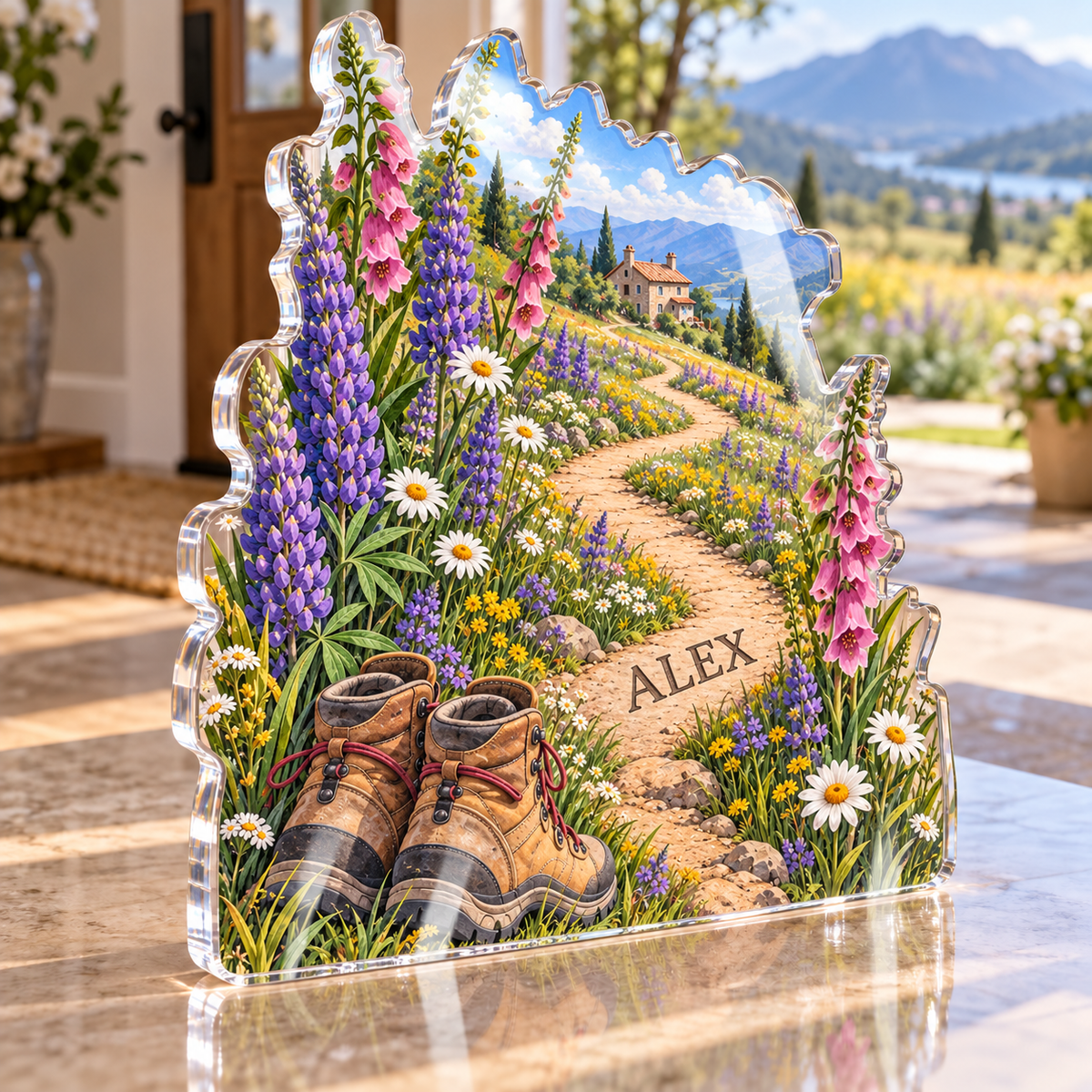 Artwork visualization: Wildflower trail — new home place identity, personalized ALEX, subject-shaped acrylic with printed optical 3D depth; not carved relief.