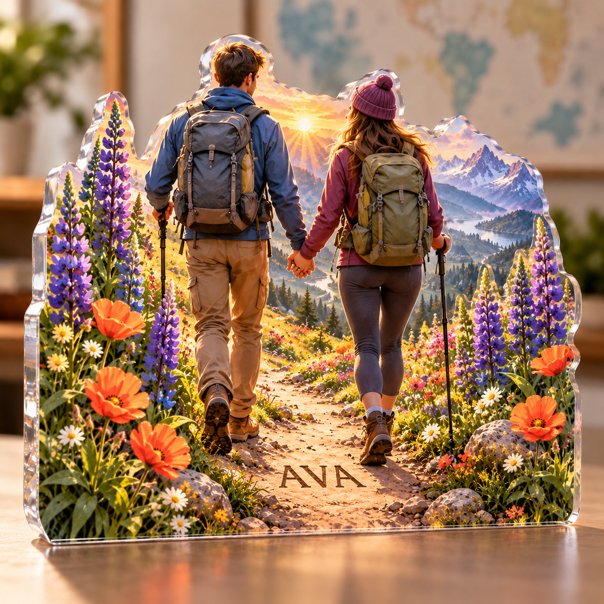 Artwork visualization: Wildflower trail — couple anniversary journey, personalized AVA, subject-shaped acrylic with printed optical 3D depth; not carved relief.