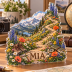 Artwork visualization: Wildflower trail — travel journal cover, personalized MIA, subject-shaped acrylic with printed optical 3D depth; not carved relief.