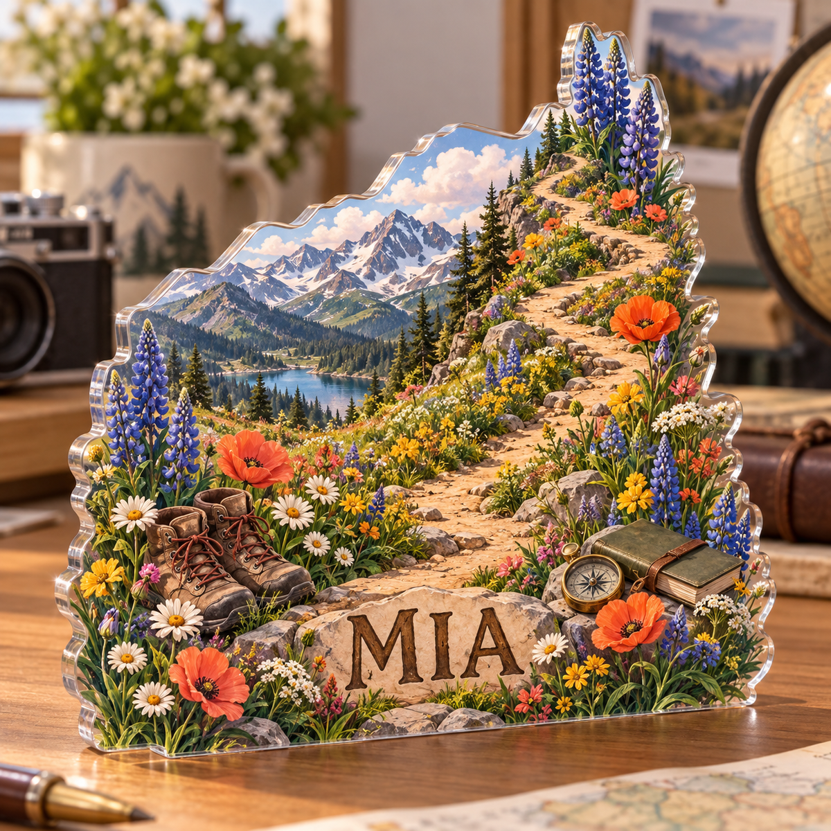 Artwork visualization: Wildflower trail — travel journal cover, personalized MIA, subject-shaped acrylic with printed optical 3D depth; not carved relief.