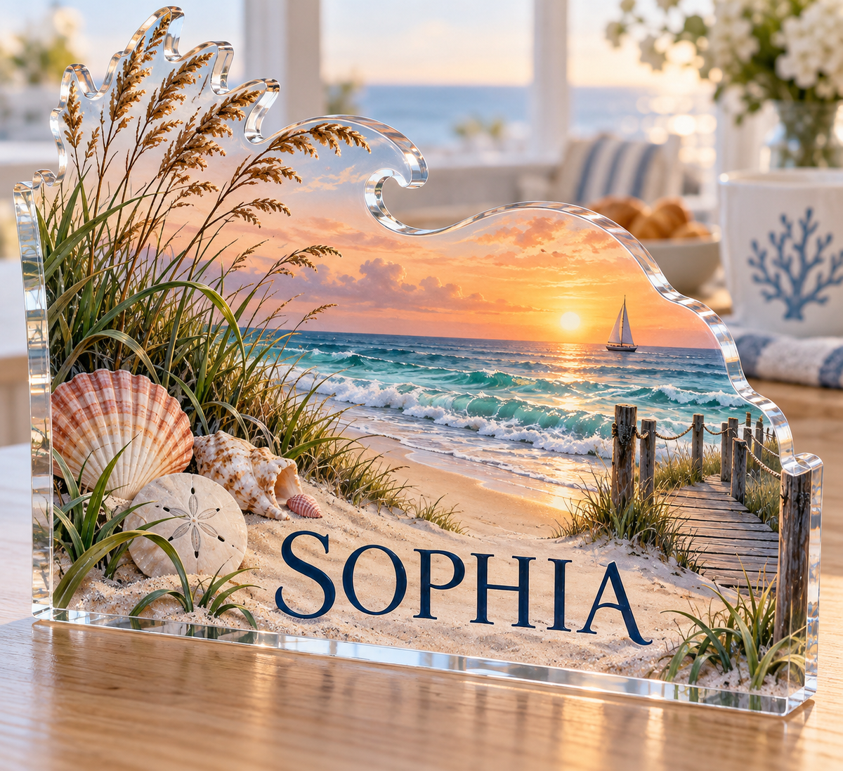 Artwork visualization: Sunrise beach — home landscape memory, personalized SOPHIA, subject-shaped acrylic with printed optical 3D depth; not carved relief.