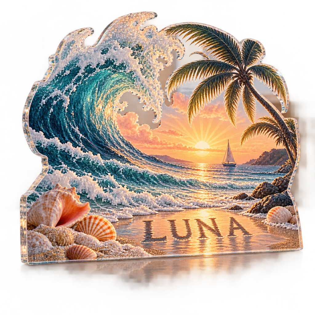 Artwork visualization: Sunrise beach — cabin room decor, personalized LUNA, subject-shaped acrylic with printed optical 3D depth; not carved relief.