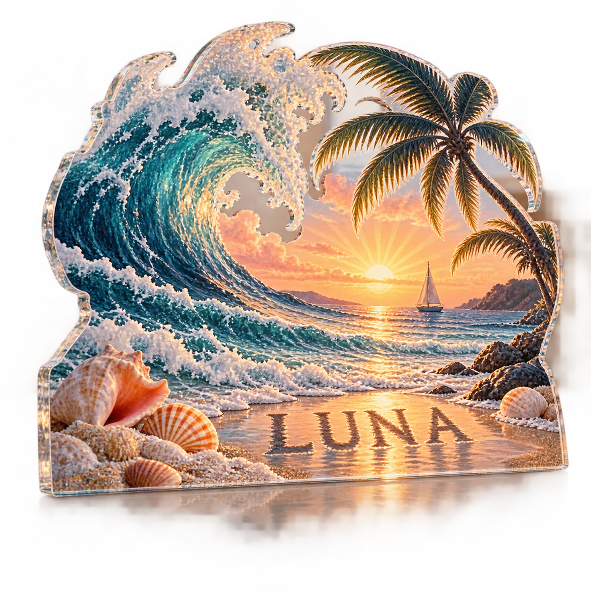 Artwork visualization: Sunrise beach — cabin room decor, personalized LUNA, subject-shaped acrylic with printed optical 3D depth; not carved relief.