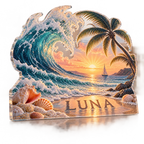 Artwork visualization: Sunrise beach — cabin room decor, personalized LUNA, subject-shaped acrylic with printed optical 3D depth; not carved relief.