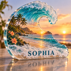 Artwork visualization: Sunrise beach — personalized travel gift, personalized SOPHIA, subject-shaped acrylic with printed optical 3D depth; not carved relief.