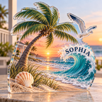 Artwork visualization: Sunrise beach — new home place identity, personalized SOPHIA, subject-shaped acrylic with printed optical 3D depth; not carved relief.
