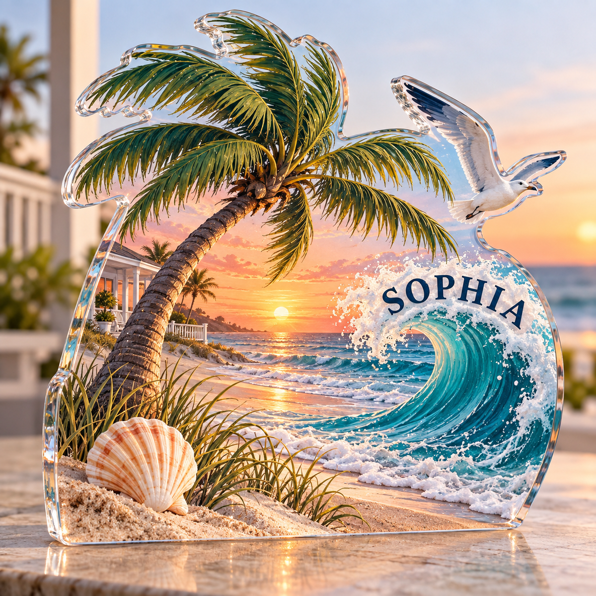Artwork visualization: Sunrise beach — new home place identity, personalized SOPHIA, subject-shaped acrylic with printed optical 3D depth; not carved relief.