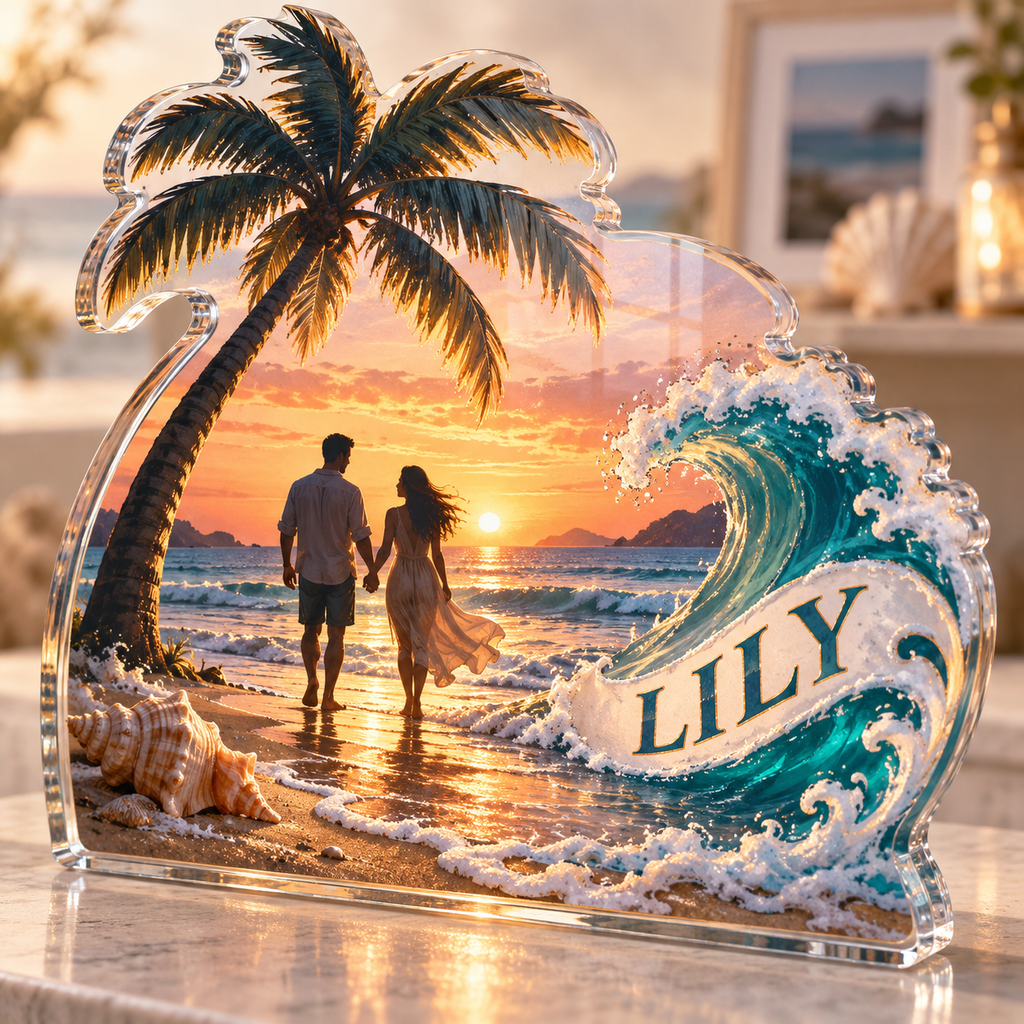 Artwork visualization: Sunrise beach — couple anniversary journey, personalized LILY, subject-shaped acrylic with printed optical 3D depth; not carved relief.