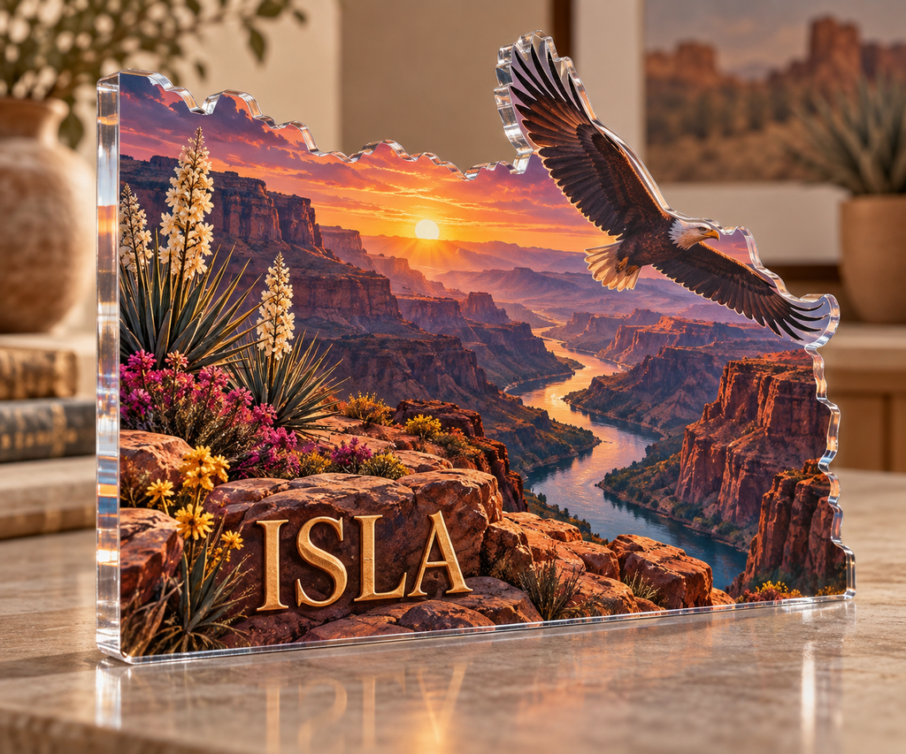 Artwork visualization: Sunset canyon — home landscape memory, personalized ISLA, subject-shaped acrylic with printed optical 3D depth; not carved relief.