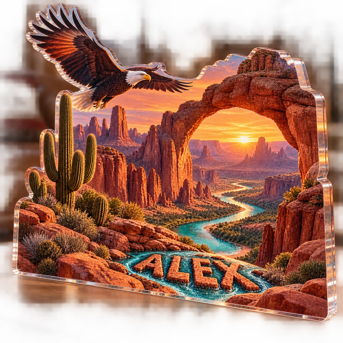 Artwork visualization: Sunset canyon — cabin room decor, personalized ALEX, subject-shaped acrylic with printed optical 3D depth; not carved relief.