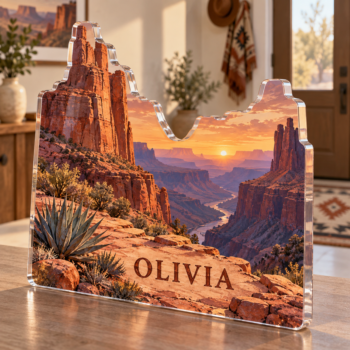 Artwork visualization: Sunset canyon — new home place identity, personalized OLIVIA, subject-shaped acrylic with printed optical 3D depth; not carved relief.