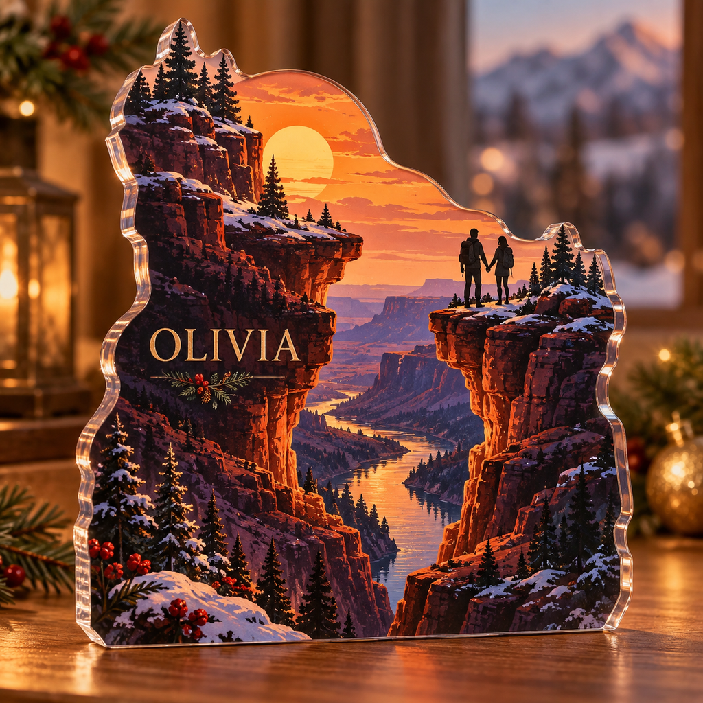 Artwork visualization: Sunset canyon — couple anniversary journey, personalized OLIVIA, subject-shaped acrylic with printed optical 3D depth; not carved relief.