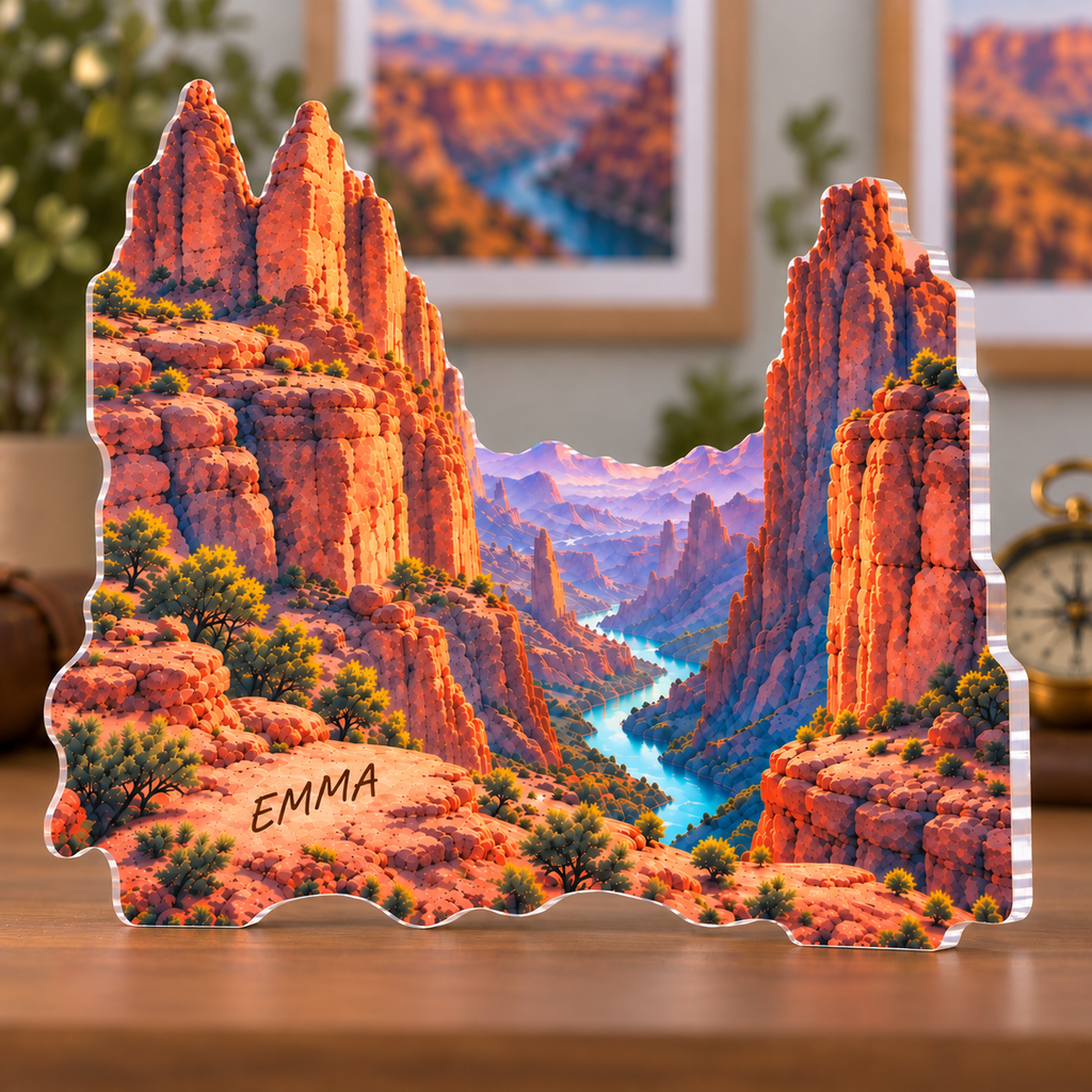 Personalized Sunset Canyon — Travel Journal Cover acrylic plaque with an example name set into the artwork, digital preview