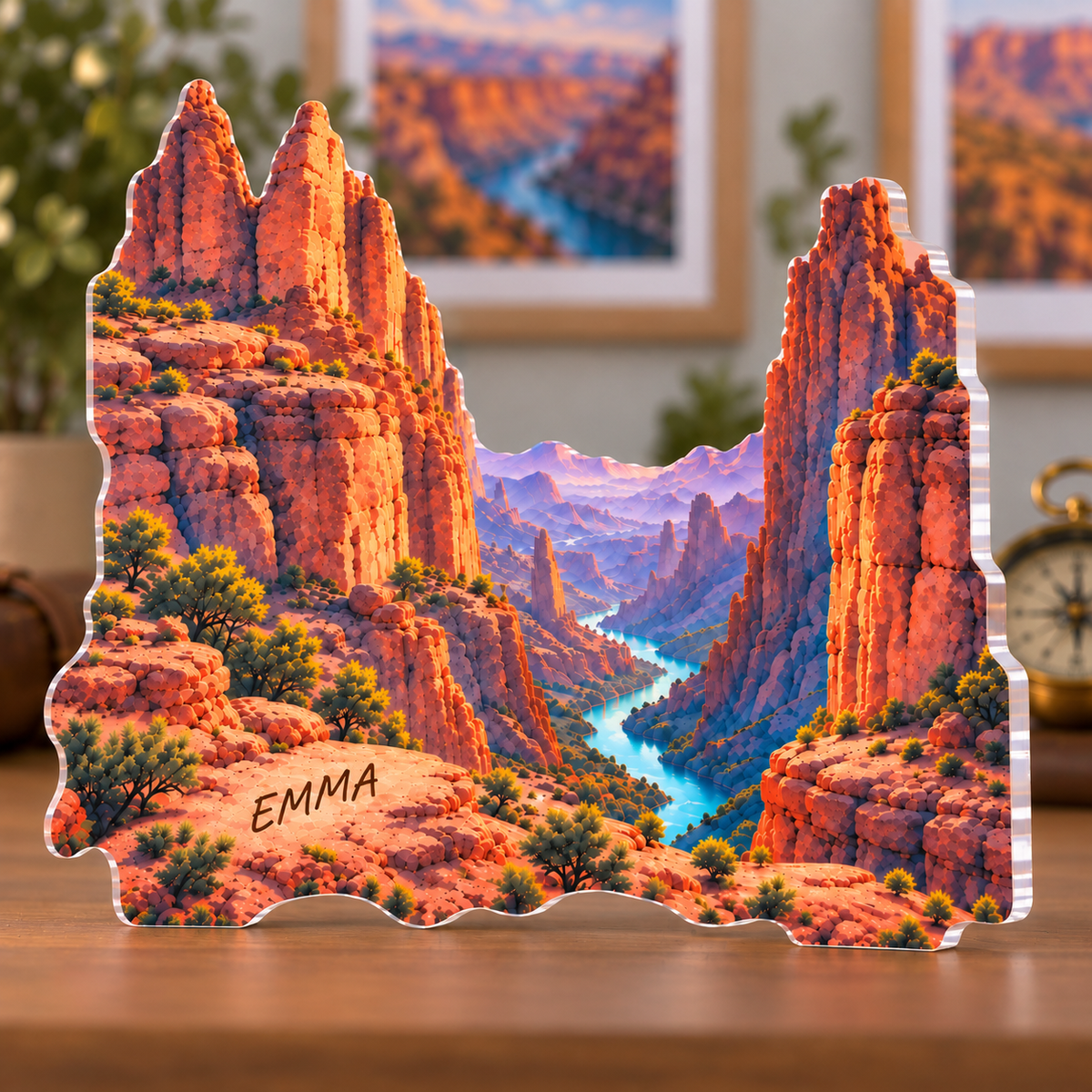 Personalized Sunset Canyon — Travel Journal Cover acrylic plaque with an example name set into the artwork, digital preview
