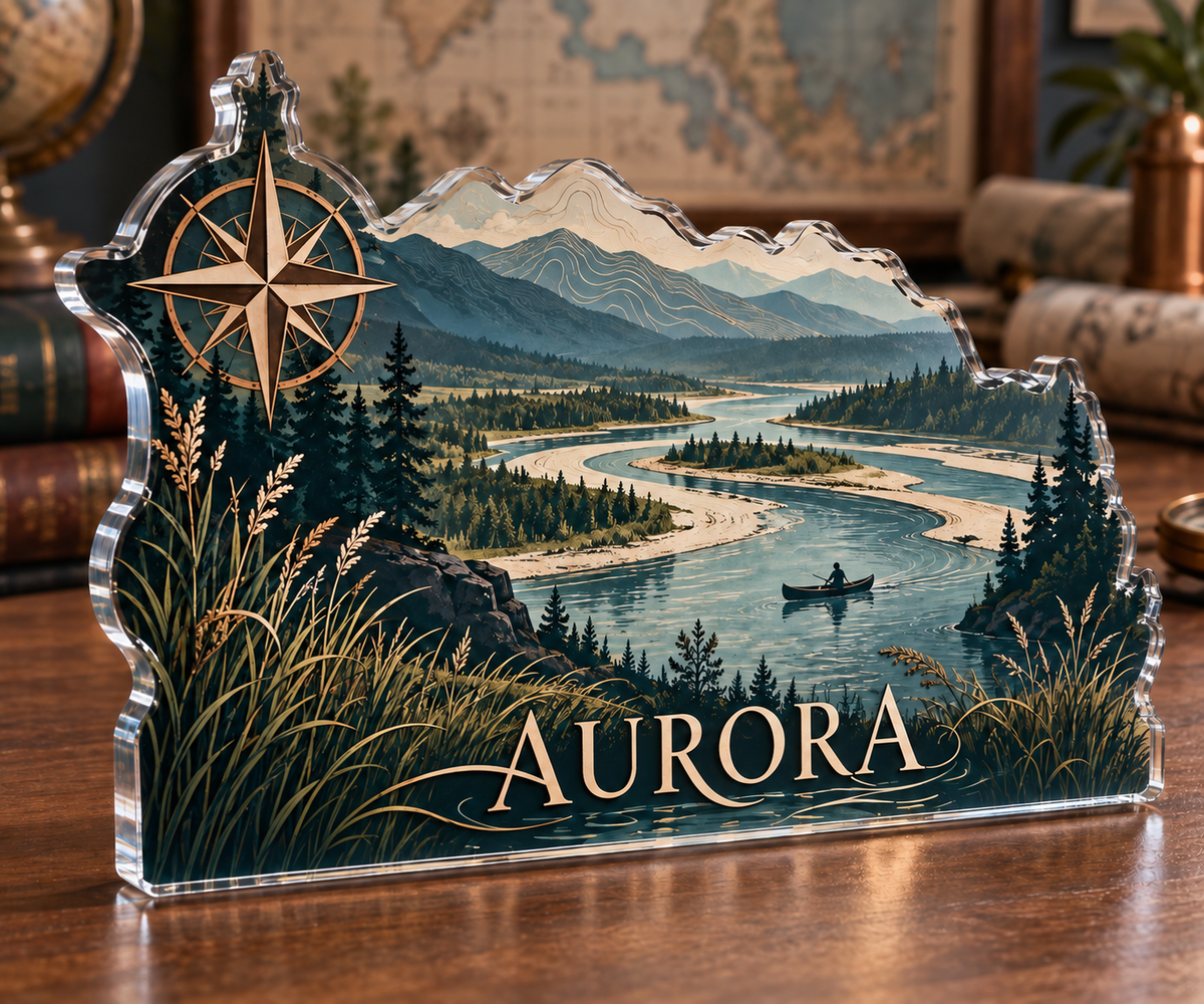 Artwork visualization: River bend map — home landscape memory, personalized AURORA, subject-shaped acrylic with printed optical 3D depth; not carved relief.