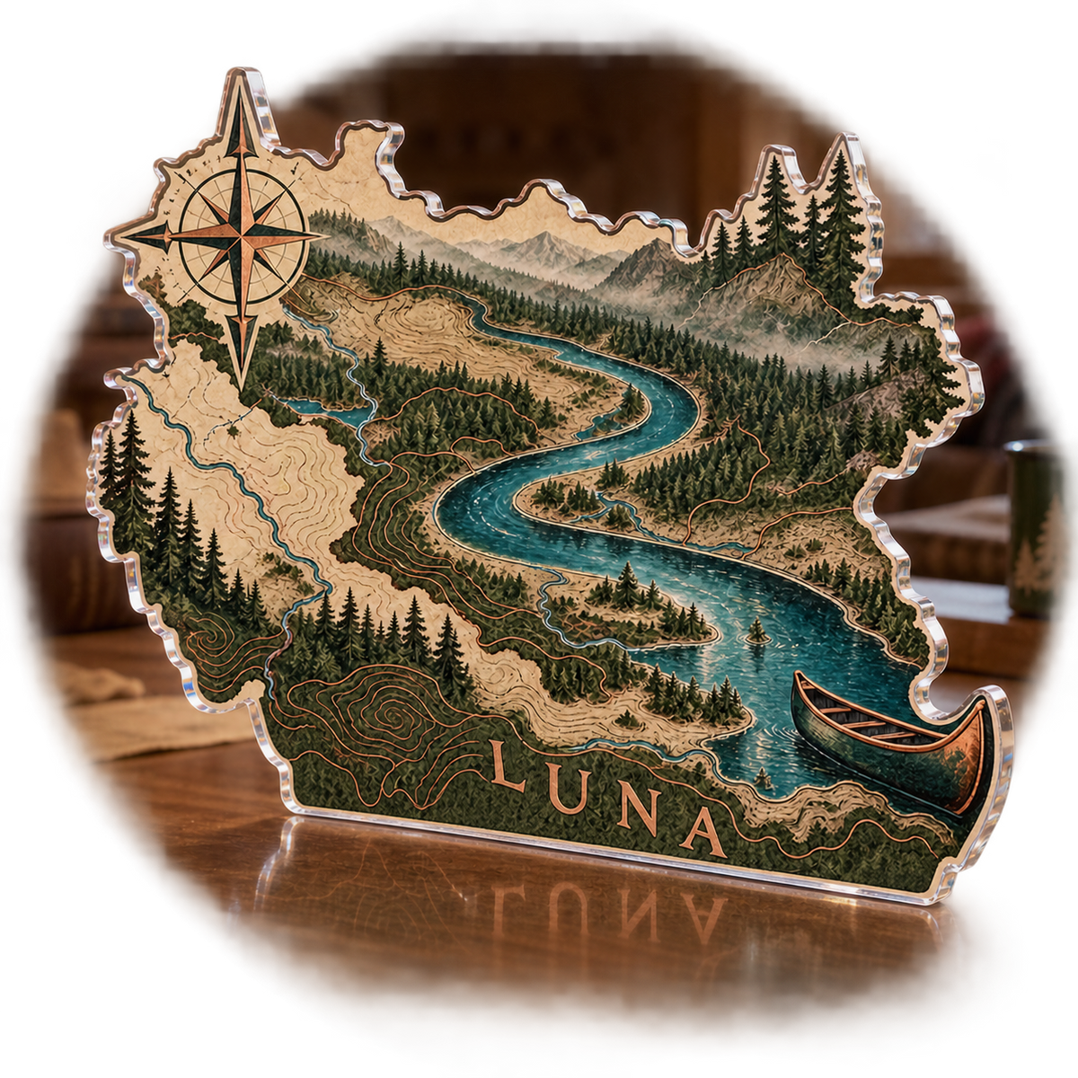 Artwork visualization: River bend map — cabin room decor, personalized LUNA, subject-shaped acrylic with printed optical 3D depth; not carved relief.