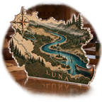 Artwork visualization: River bend map — cabin room decor, personalized LUNA, subject-shaped acrylic with printed optical 3D depth; not carved relief.