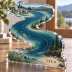 Artwork visualization: River bend map — personalized travel gift, personalized ISLA, subject-shaped acrylic with printed optical 3D depth; not carved relief.