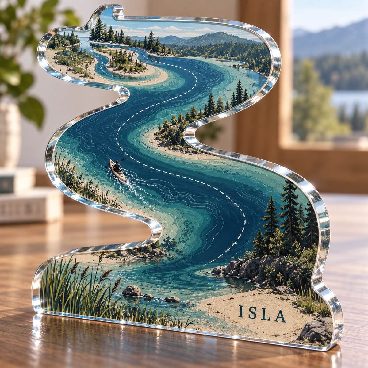 Artwork visualization: River bend map — personalized travel gift, personalized ISLA, subject-shaped acrylic with printed optical 3D depth; not carved relief.