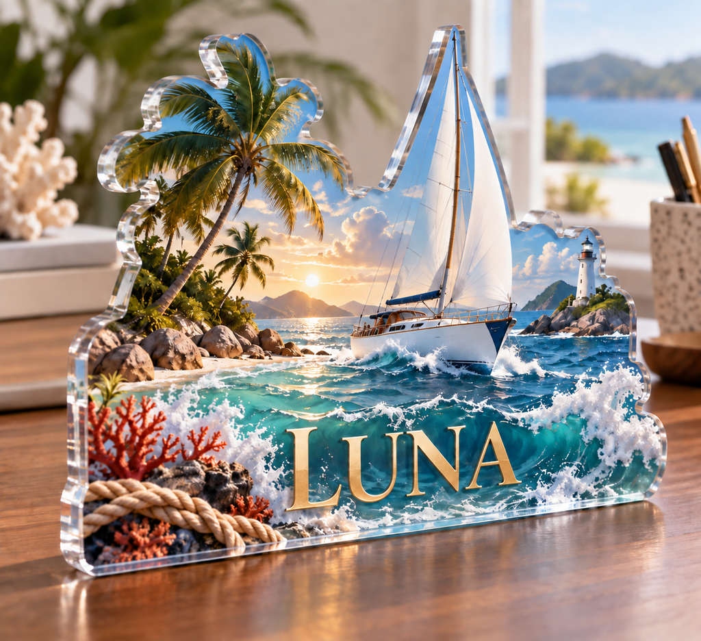 Artwork visualization: Island sailing route — home landscape memory, personalized LUNA, subject-shaped acrylic with printed optical 3D depth; not carved relief.