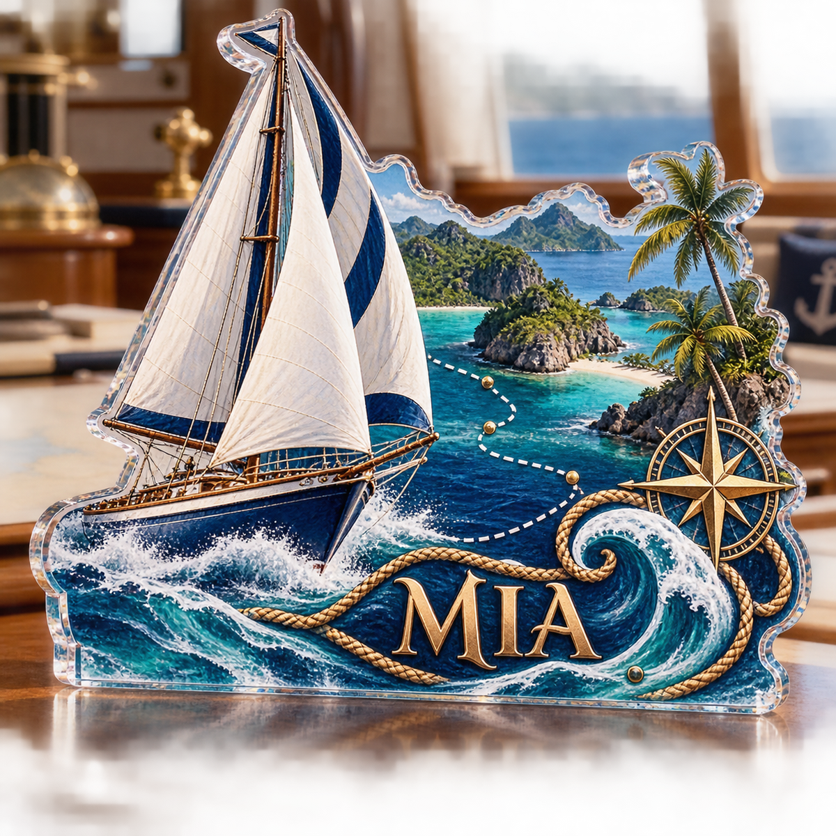 Artwork visualization: Island sailing route — cabin room decor, personalized MIA, subject-shaped acrylic with printed optical 3D depth; not carved relief.