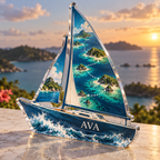 Artwork visualization: Island sailing route — personalized travel gift, personalized AVA, subject-shaped acrylic with printed optical 3D depth; not carved relief.