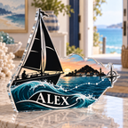 Artwork visualization: Island sailing route — new home place identity, personalized ALEX, subject-shaped acrylic with printed optical 3D depth; not carved relief.