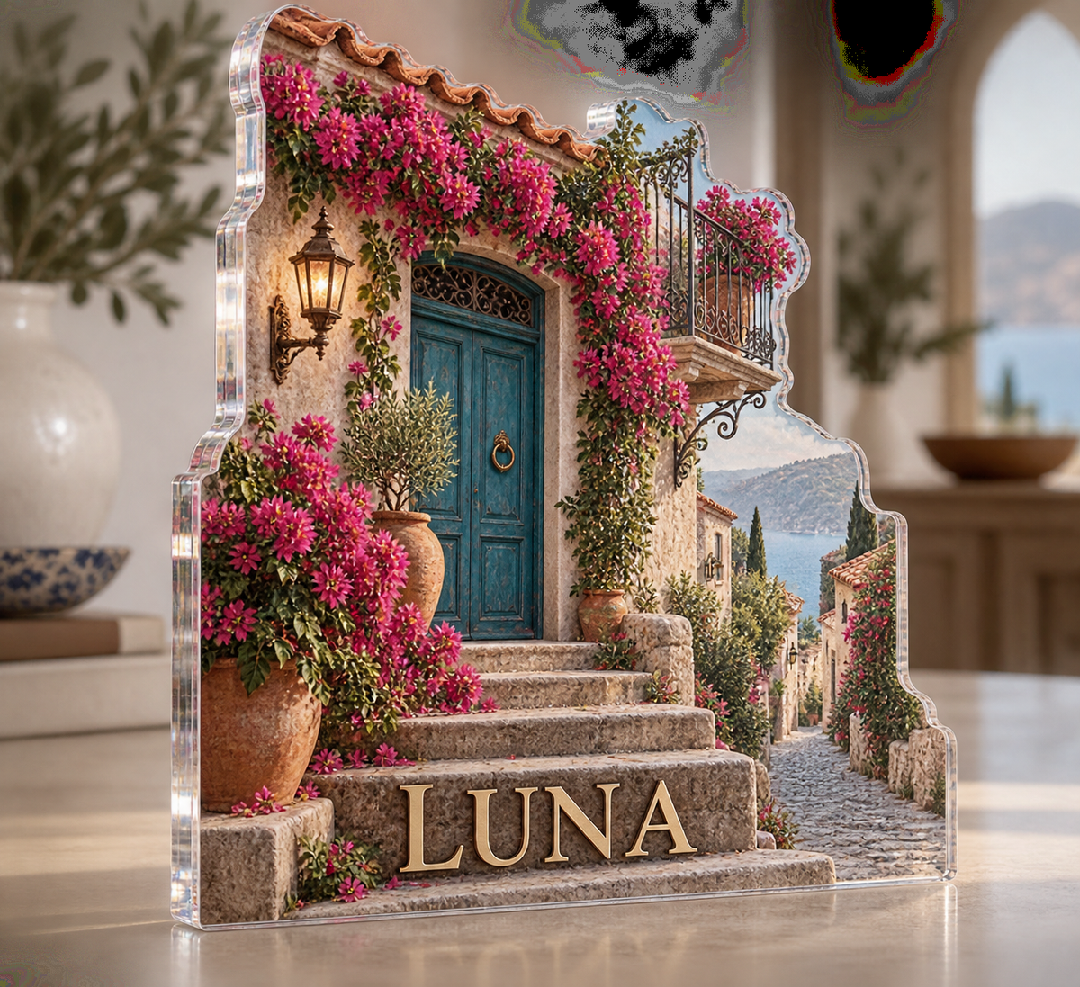 Artwork visualization: Old town doorway — home landscape memory, personalized LUNA, subject-shaped acrylic with printed optical 3D depth; not carved relief.