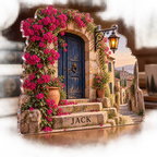 Artwork visualization: Old town doorway — cabin room decor, personalized JACK, subject-shaped acrylic with printed optical 3D depth; not carved relief.