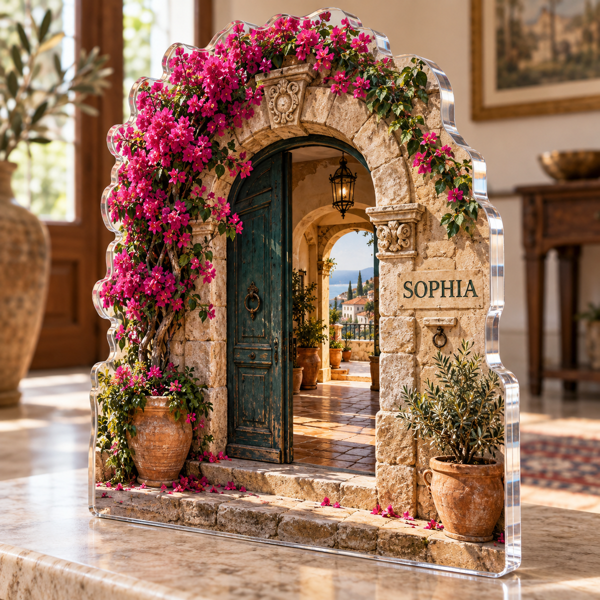 Artwork visualization: Old town doorway — new home place identity, personalized SOPHIA, subject-shaped acrylic with printed optical 3D depth; not carved relief.