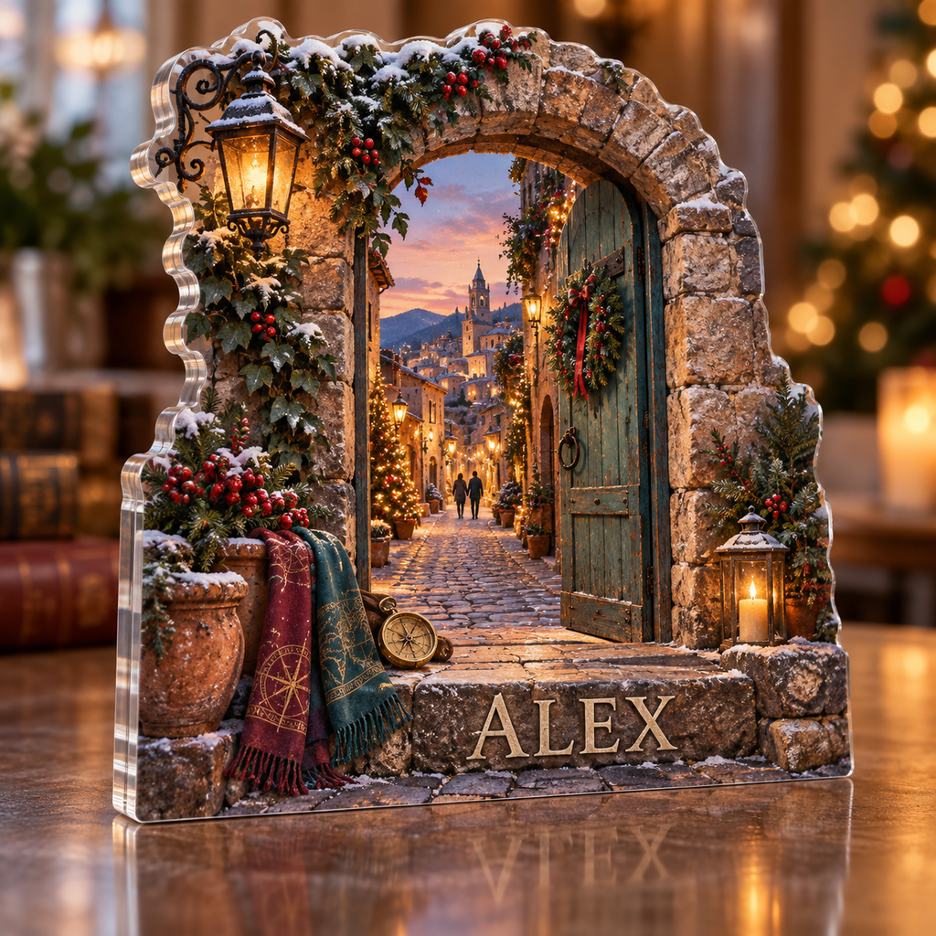 Artwork visualization: Old town doorway — couple anniversary journey, personalized ALEX, subject-shaped acrylic with printed optical 3D depth; not carved relief.