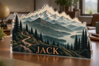 Artwork visualization: Mountain contour map — home landscape memory, personalized JACK, subject-shaped acrylic with printed optical 3D depth; not carved relief.