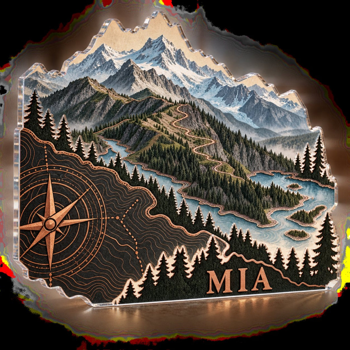 Personalized Mountain Contour Map Cabin Room Decor custom shape acrylic plaque with an example name set into the artwork, digital preview